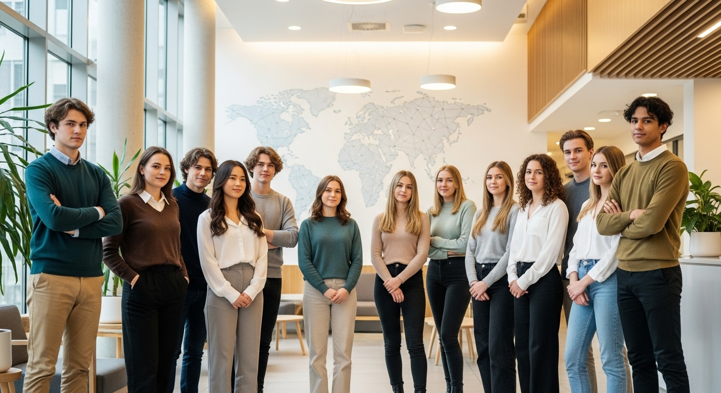 Nhóm thanh thiếu niên và người trẻ đa dạng, khỏe mạnh, cao ráo, đứng trong sảnh y tế hiện đại. Hình ảnh này giúp giải đáp thắc mắc về tiêm vaccine HPV có khiến trẻ bị lùn không, minh chứng cho sự phát triển bình thường.