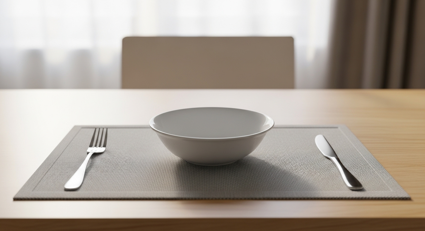 Bàn gỗ sáng, thanh bình với bộ dao dĩa và bát súp rỗng, khung cảnh lý tưởng cho chế độ ăn OMAD.