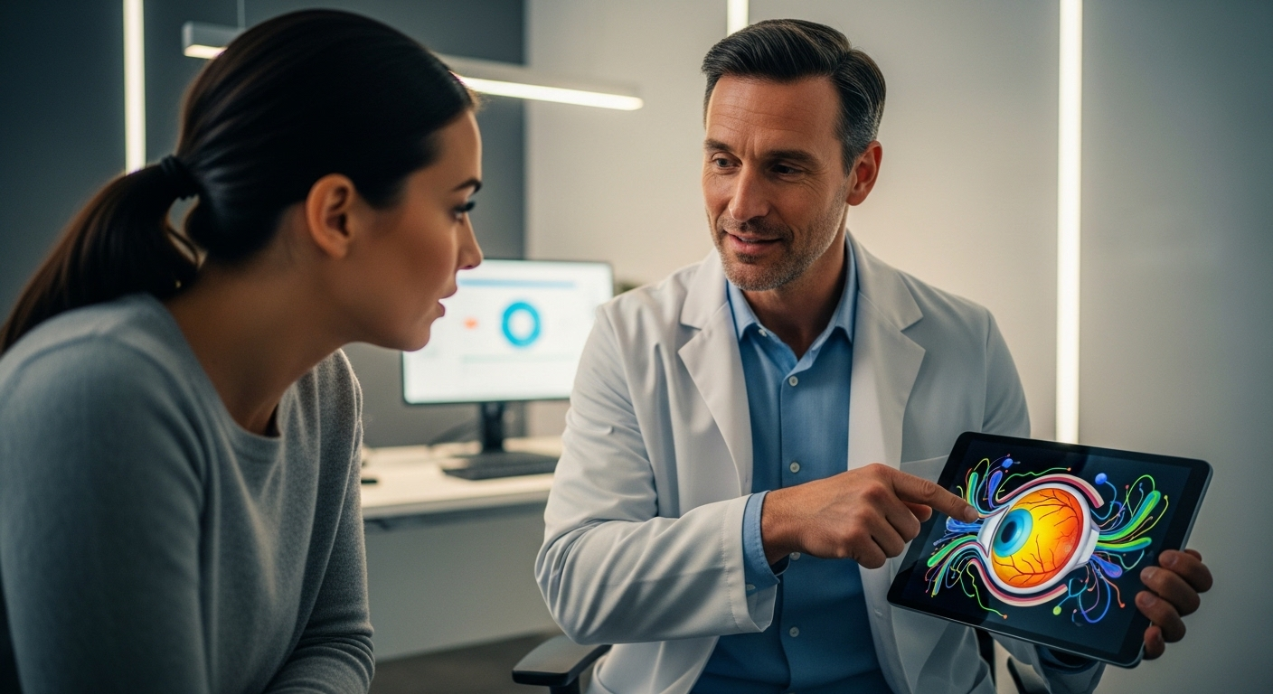 Bác sĩ tại phòng khám hiện đại dùng máy tính bảng minh họa cấu trúc mắt, hướng dẫn bệnh nhân về chăm sóc mắt toàn diện, đặc biệt nhấn mạnh cách bảo vệ mắt cho người tiểu đường.