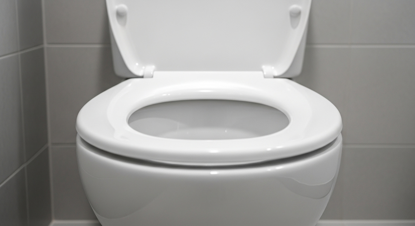 Bồn cầu gốm sứ trắng sáng, sạch sẽ phản chiếu ánh đèn phòng tắm hiện đại, minh chứng cho hiệu quả của việc vệ sinh bồn cầu.