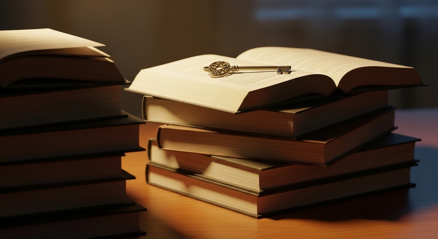 Chồng sách mở và chiếc chìa khóa trên bàn, biểu tượng kiến thức và giải pháp để tìm hiểu sâu hơn về lạc nội mạc tử cung.