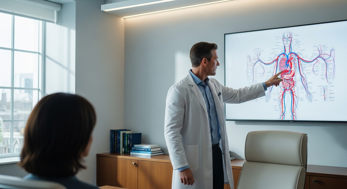 Bác sĩ chỉ sơ đồ hệ tuần hoàn trên màn hình, tư vấn bệnh nhân cách phòng ngừa hiệu quả các bệnh lý như hẹp mạch máu não.