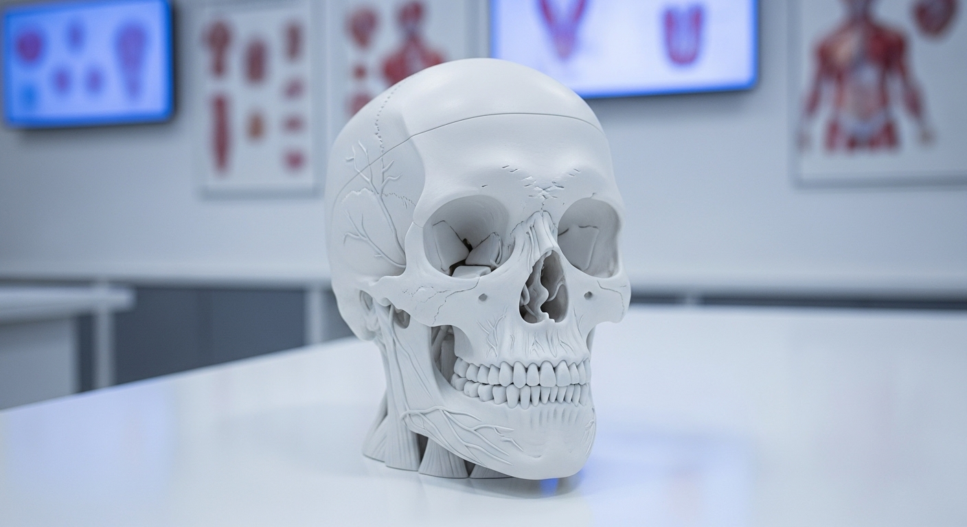 Mô hình giải phẫu đầu trắng tinh khiết trong phòng giảng dạy y khoa, minh họa vùng điều trị tiêm botox giảm đau đầu mạn tính.