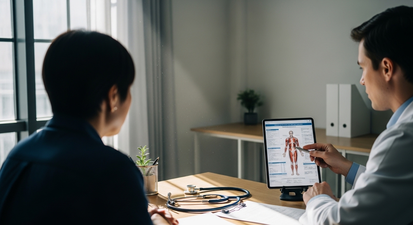 Bác sĩ chỉ biểu đồ y tế, tư vấn bệnh nhân về nguy cơ viêm gan B gây ung thư gan trong phòng khám.