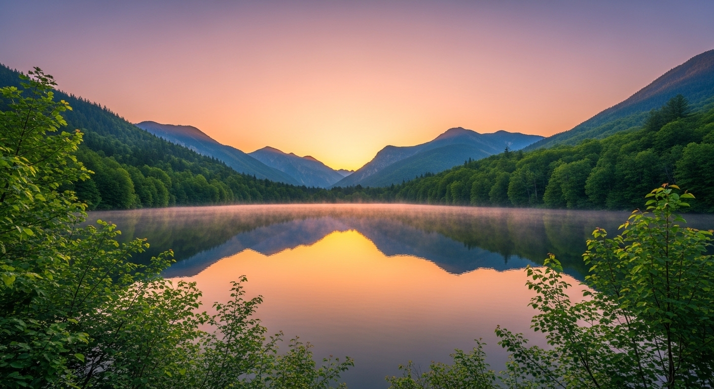 Bình minh yên bình trên hồ núi, rừng xanh bao quanh, mặt nước phản chiếu bầu trời hồng cam. Hình ảnh tượng trưng cho sự tái tạo, hy vọng và sức mạnh tinh thần trong hành trình phục hồi, gợi nhắc sự cần thiết của lạc quan khi đối mặt với các liệu pháp như xạ trị ung thư hạch bạch huyết.