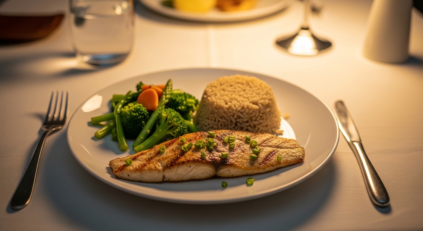 Bữa ăn tối cân bằng với cá nướng, rau xanh hấp và cơm gạo lứt, hỗ trợ kiểm soát tăng đường huyết buổi sáng hiệu quả.
