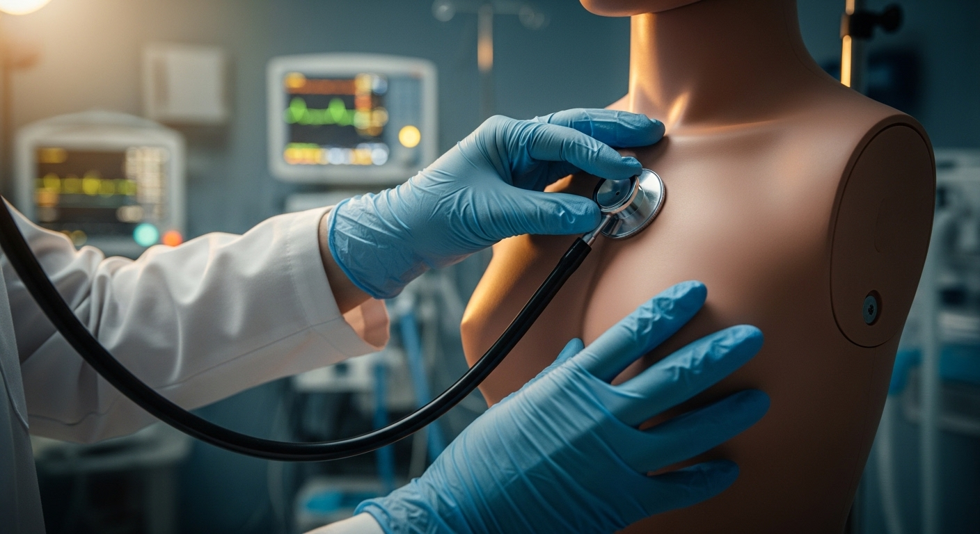 Bàn tay bác sĩ đặt ống nghe lên ngực, kiểm tra tim mạch, quan trọng trong việc chẩn đoán sớm các tình trạng như nhồi máu cơ tim.