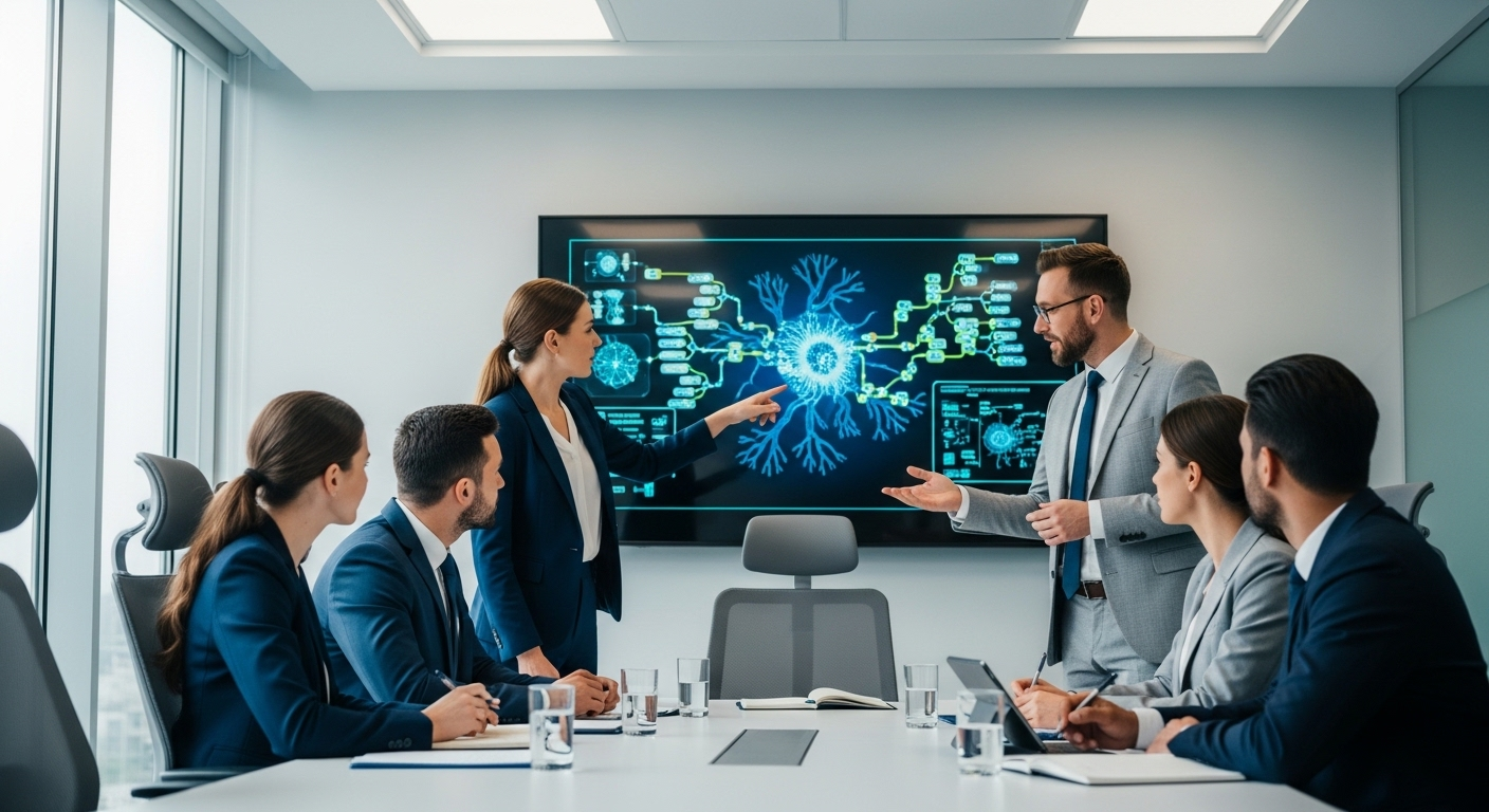 Các chuyên gia y tế thảo luận hợp tác trong phòng họp hiện đại, màn hình hiển thị sơ đồ mạng lưới thần kinh chi tiết, tập trung vào nghiên cứu và điều trị u não.
