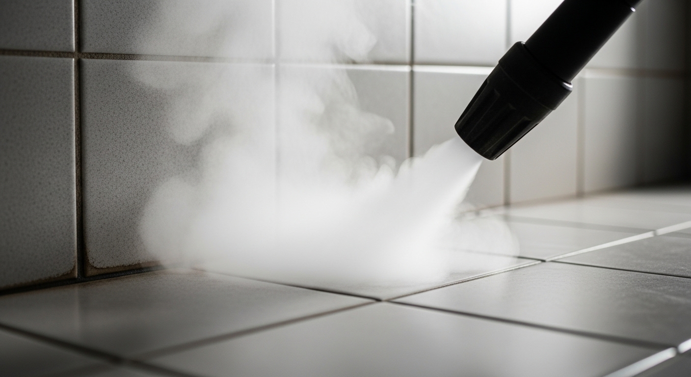 Máy vệ sinh hơi nước đang phun hơi nóng làm sạch ron gạch sáng màu trong nhà vệ sinh, giải pháp hiệu quả cho cách xử lý mùi hôi nhà vệ sinh.