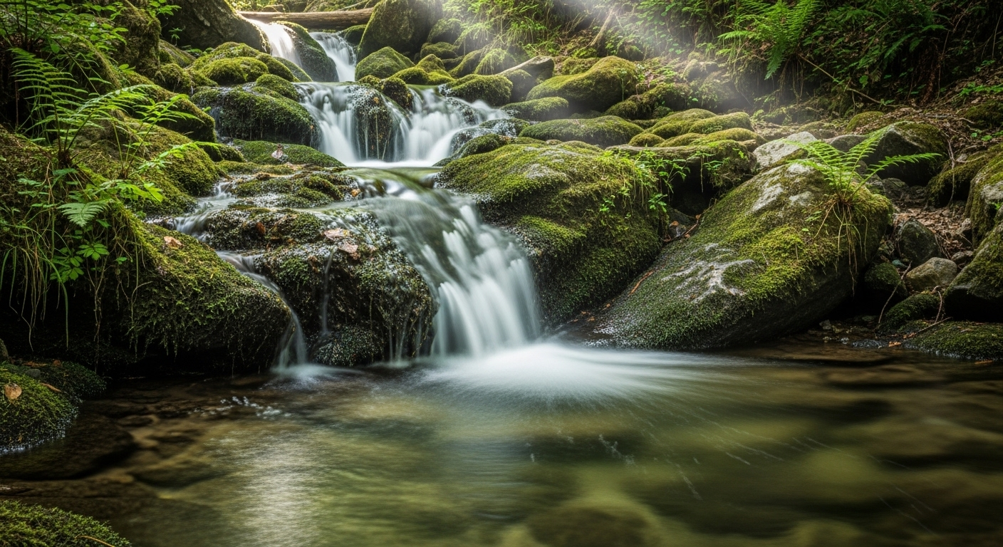Suối núi trong vắt, dòng nước tinh khiết chảy qua đá rêu, gợi nhắc về sức khỏe và tầm quan trọng của việc nhận biết các dấu hiệu bệnh thận giai đoạn muộn.