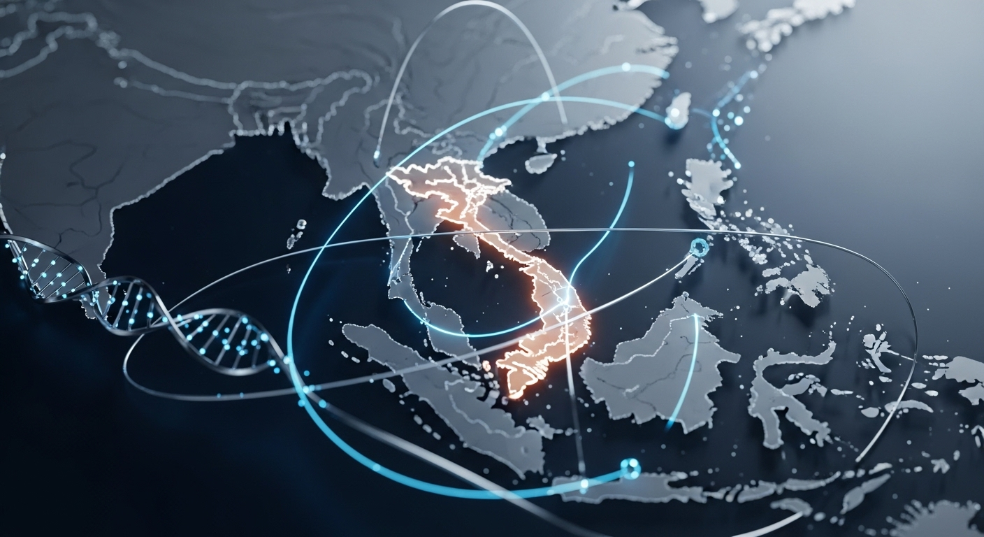 Bản đồ Đông Nam Á hiện đại, Việt Nam nổi bật với các đường nét y tế tiên tiến, tượng trưng vai trò lãnh đạo khu vực trong ghép tạng domino.