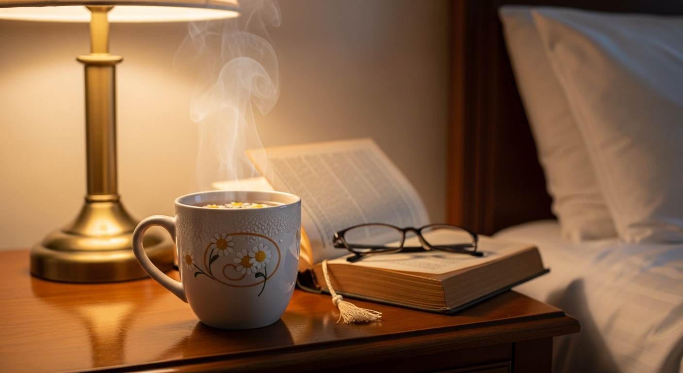 Cốc trà hoa cúc bốc hơi nóng hổi trên bàn gỗ đầu giường trong ánh đèn ngủ ấm áp, hình ảnh thư giãn buổi tối giúp bảo vệ trái tim, là lựa chọn thay thế lành mạnh cho 7 thói quen cần tránh sau 19h để bảo vệ trái tim.