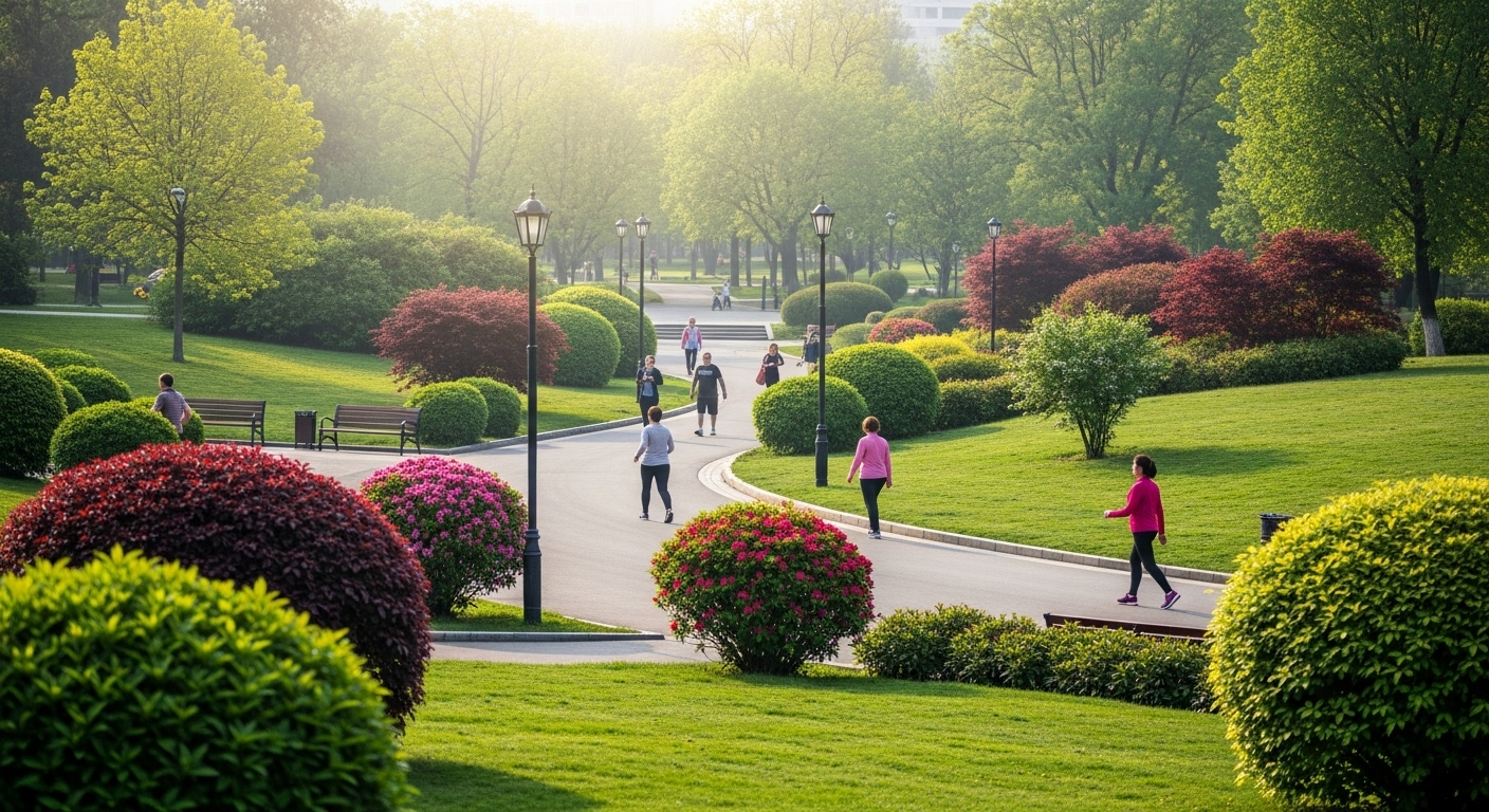 Công viên đô thị buổi sáng với nhiều người đi bộ, chạy bộ trên lối đi lát gạch, lý tưởng cho thử thách giảm cân, giữa thảm cỏ xanh mướt và ánh nắng ban mai.