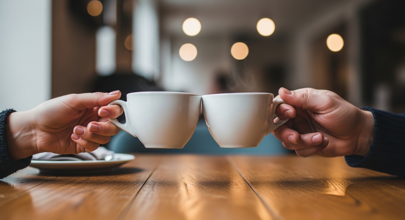 Hai đôi tay nhẹ nhàng chạm tách trà trên bàn gỗ ấm cúng, thể hiện thói quen giúp minh mẫn khi về già qua kết nối xã hội và những khoảnh khắc thư thái.