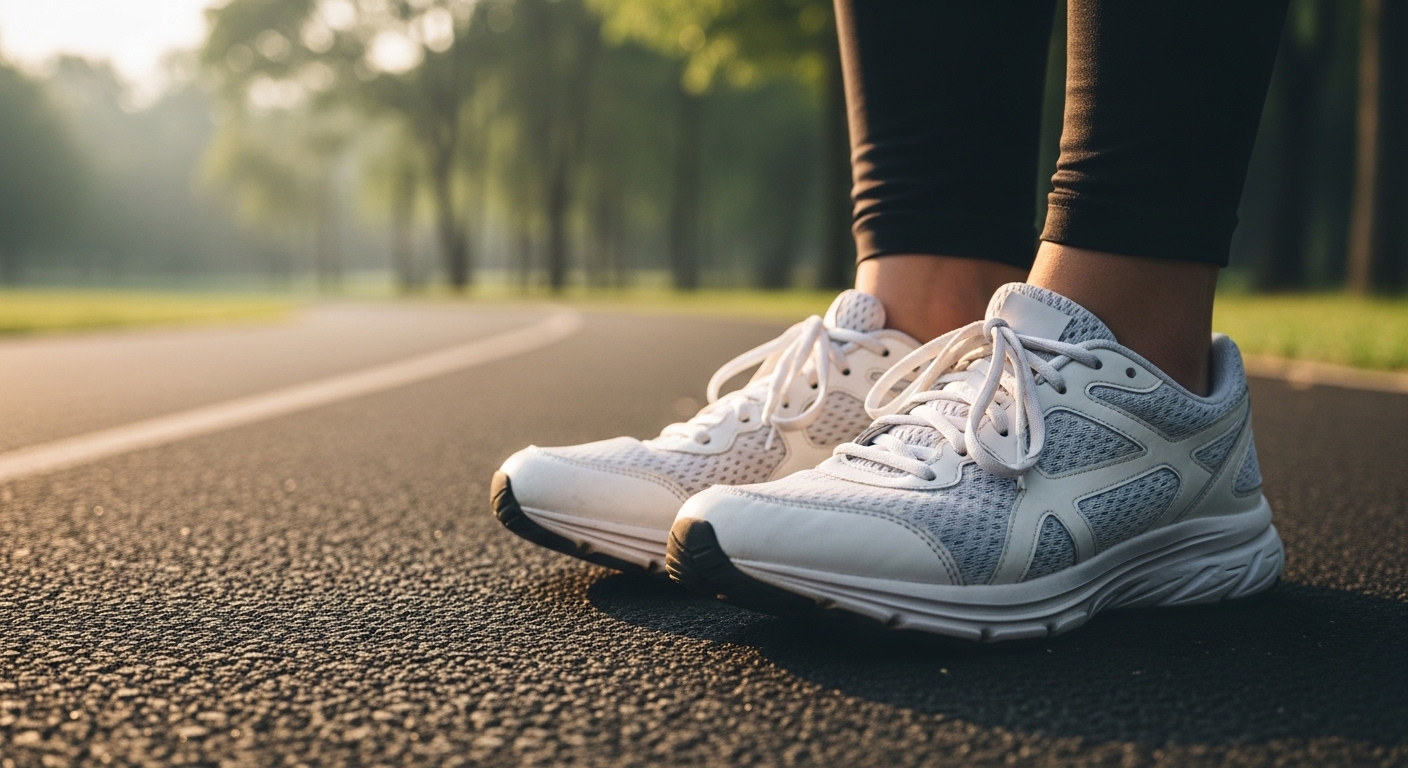 Giày chạy bộ đặt gọn gàng trên đường vào buổi sáng sớm, sẵn sàng cho hành trình rèn luyện sức khỏe và áp dụng hiệu quả thực đơn giảm cân Lưu Diệc Phi.