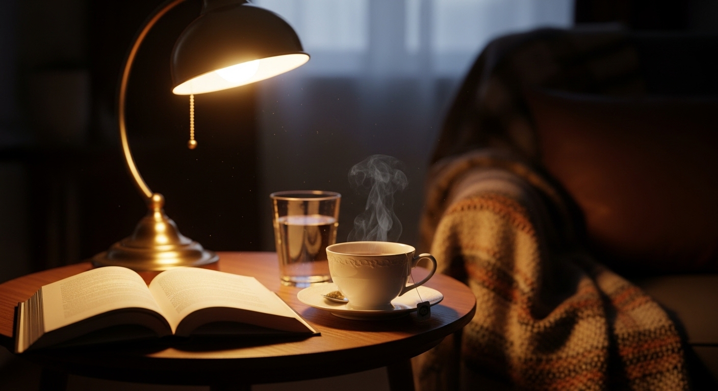 Không gian phòng khách ấm cúng với sách mở, trà thảo mộc, nước lọc dưới ánh đèn dịu, lý tưởng để thư giãn và tìm hiểu về cách ăn để giảm mỡ máu.