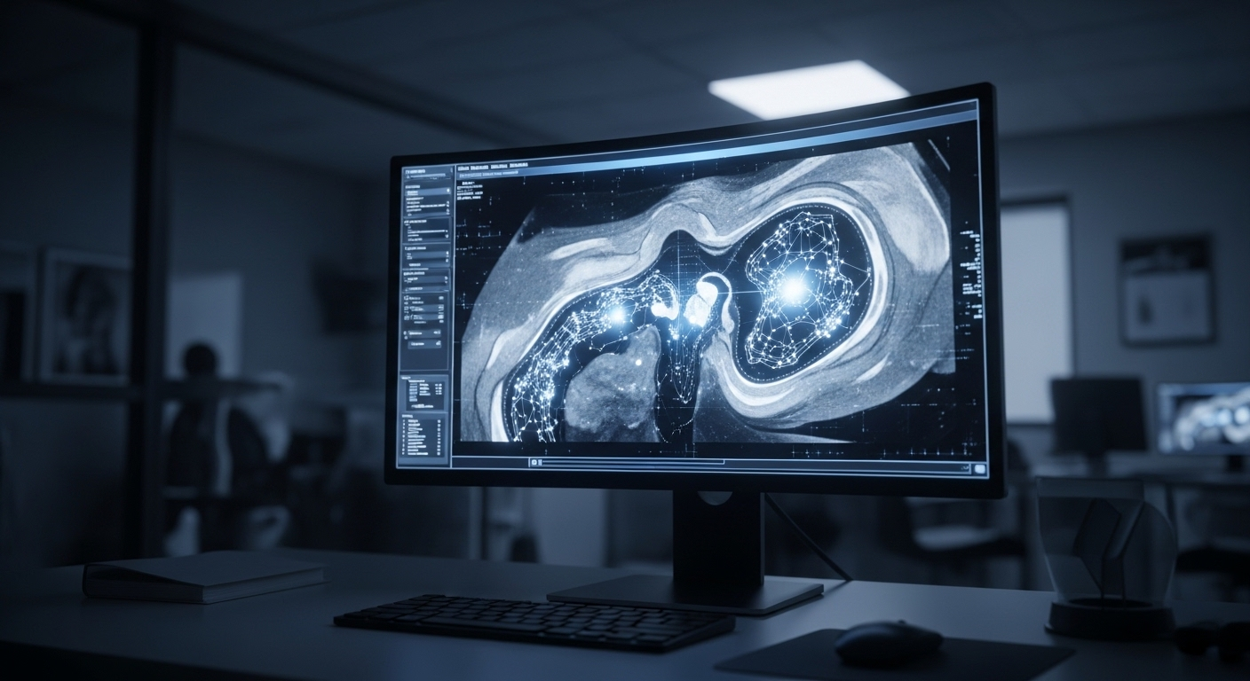 Màn hình hiển thị hình ảnh quét y tế kỹ thuật số phức tạp, minh họa khả năng chẩn đoán chính xác các vấn đề như túi ngực vỡ trong môi trường y tế hiện đại.