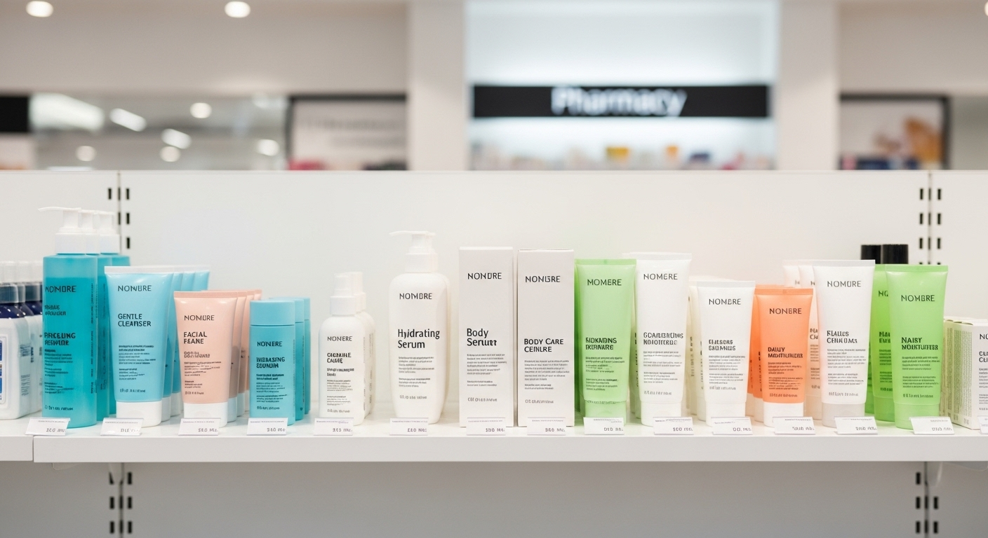 Kệ trưng bày sản phẩm mỹ phẩm và vệ sinh cá nhân ngăn nắp, sạch sẽ tại nhà thuốc uy tín, thể hiện sự chuyên nghiệp và tin cậy. Giúp khách hàng an tâm lựa chọn, đặc biệt trong bối cảnh các vấn đề về chất lượng như thu hồi nước rửa tay.