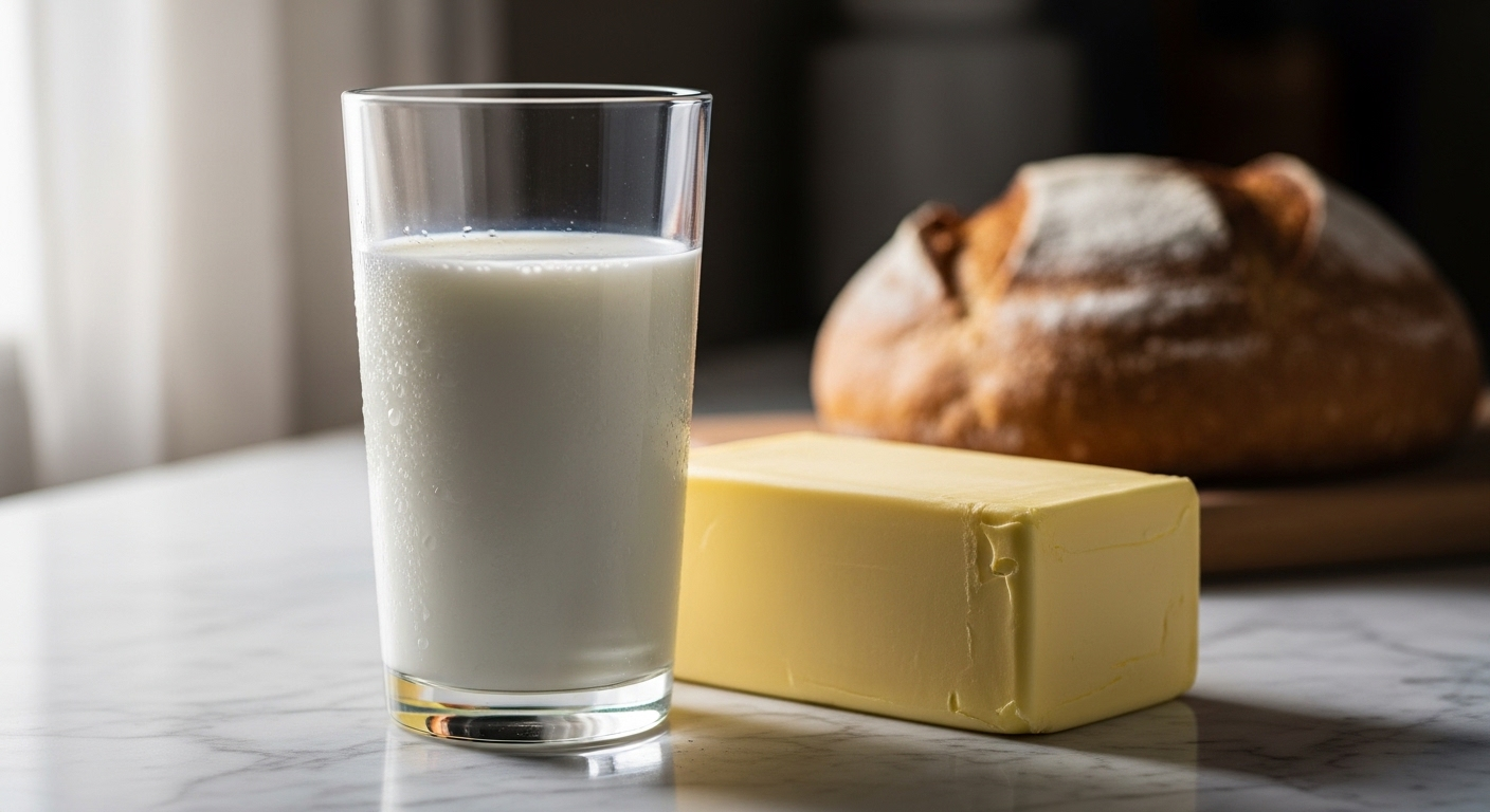 Ly sữa tươi và khối bơ vàng trên bàn đá cẩm thạch, với bánh mì mờ hậu cảnh. Cả sữa và bơ đều là những thực phẩm giàu vitamin A thiết yếu.