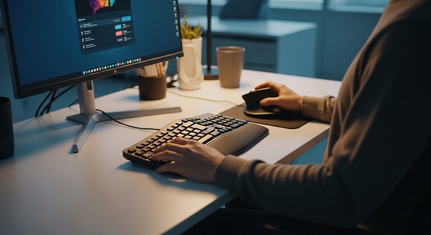 Bàn làm việc công thái học với chuột dọc, bàn phím công thái học và màn hình ngang tầm mắt. Thiết lập này tối ưu tư thế tay, giúp phòng tránh hội chứng ống cổ tay hiệu quả.