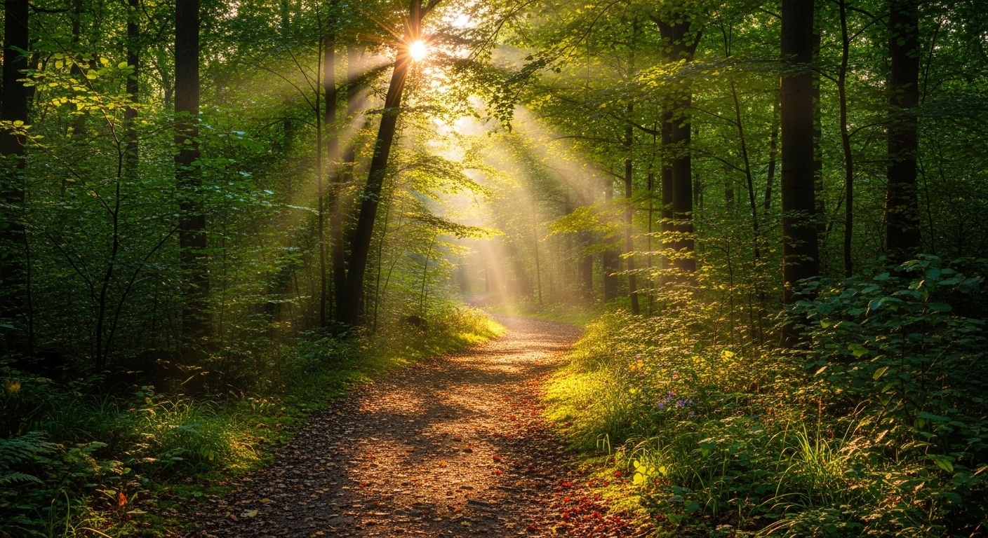 Lối đi rừng quanh co dưới nắng dịu, không khí trong lành, tạo cảm giác yên bình, lý tưởng cho sức khỏe hô hấp và giấc ngủ, hỗ trợ những ai quan tâm đến chứng ngưng thở khi ngủ.