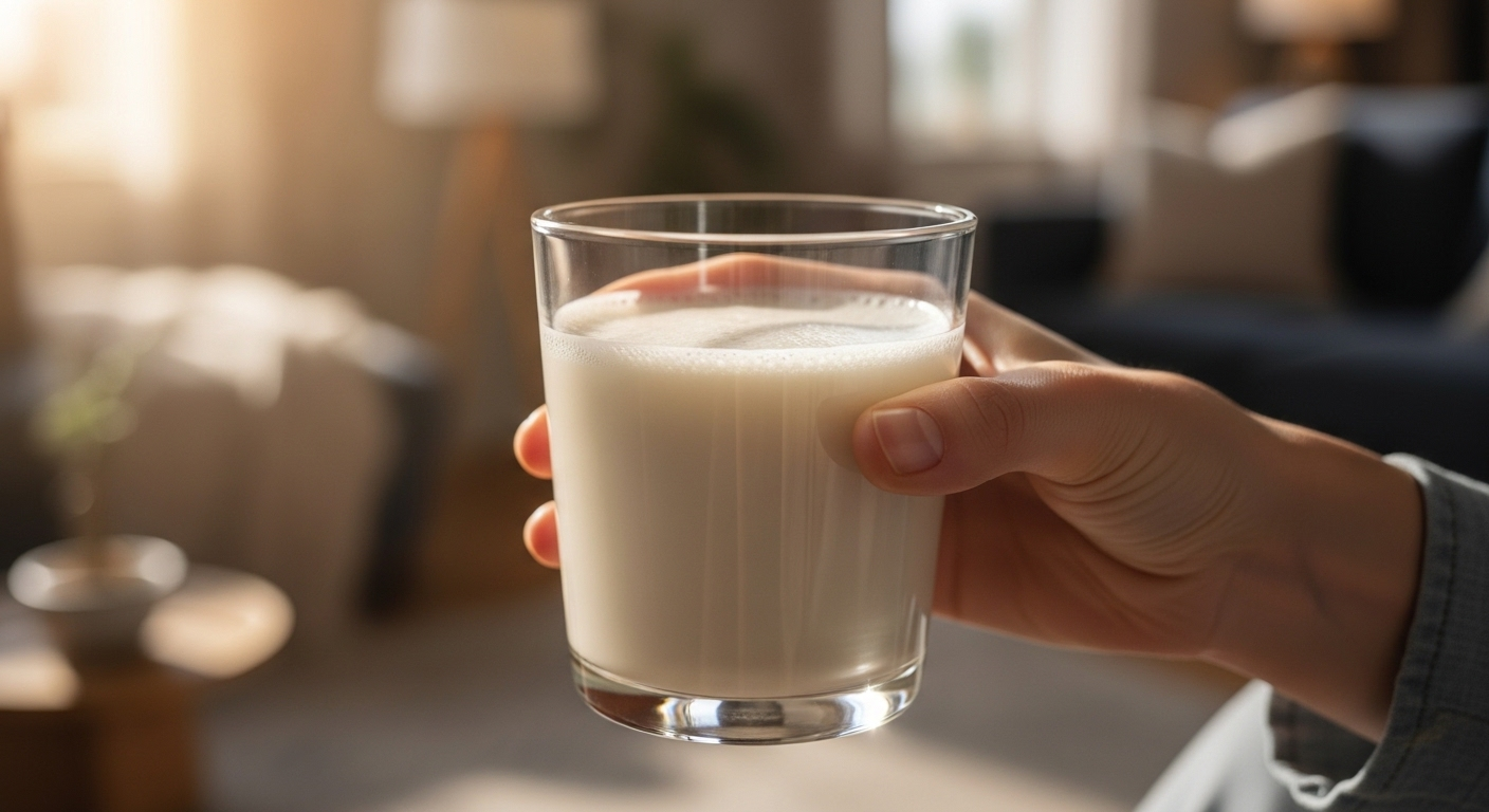 Tay cầm ly đồ uống thực vật màu kem nhạt, ánh nắng dịu chiếu vào, tạo cảm giác bình yên. Một thức uống bổ dưỡng, tốt cho sức khỏe, gợi ý cho những ai đang tìm hiểu sữa bột dành cho người tiểu đường loại nào tốt.
