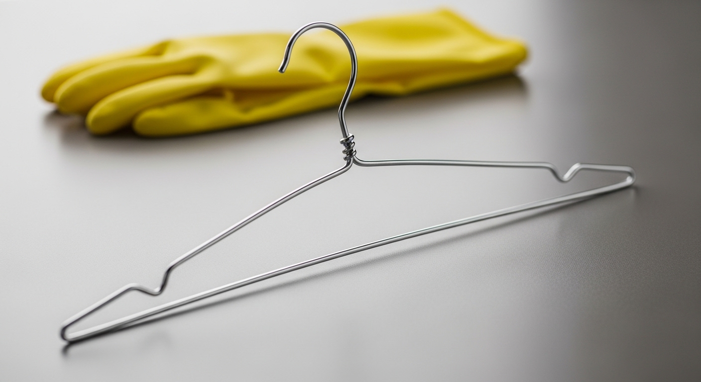 Móc áo kim loại đã được uốn cong nhẹ, một công cụ thủ công hiệu quả cho cách thông bồn cầu bị tắc giấy vệ sinh, nằm trên bề mặt phẳng với găng tay cao su vàng mờ ở hậu cảnh.