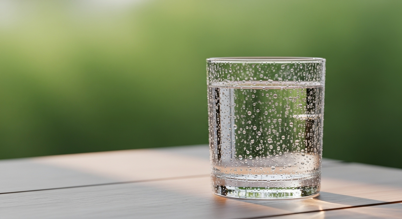 Ly nước tinh khiết mát lạnh, đọng hơi nước trên bàn gỗ dưới ánh sáng tự nhiên. Một lựa chọn đơn giản giúp tránh sai lầm ăn uống người tiểu đường hại thận.