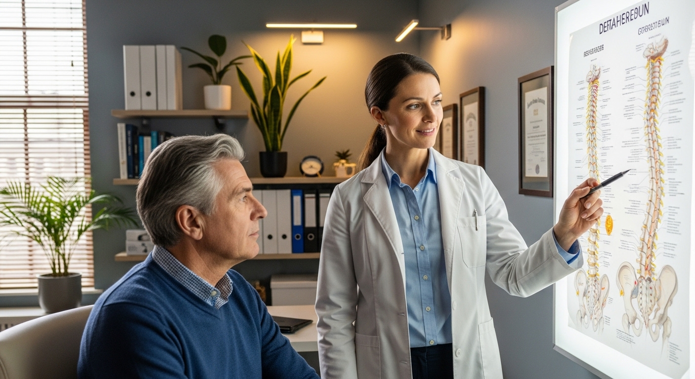 Bác sĩ tận tình tư vấn và giải thích mô hình cột sống cho bệnh nhân, đề cập đến các vấn đề như thoát vị đĩa đệm và hướng dẫn về việc tập hít đất an toàn.