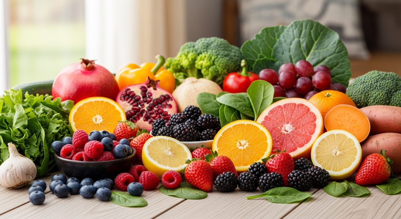 Đĩa trái cây và rau củ tươi đầy màu sắc, giàu chất chống oxy hóa hỗ trợ dưỡng da sáng khỏe và điều trị sạm nám.
