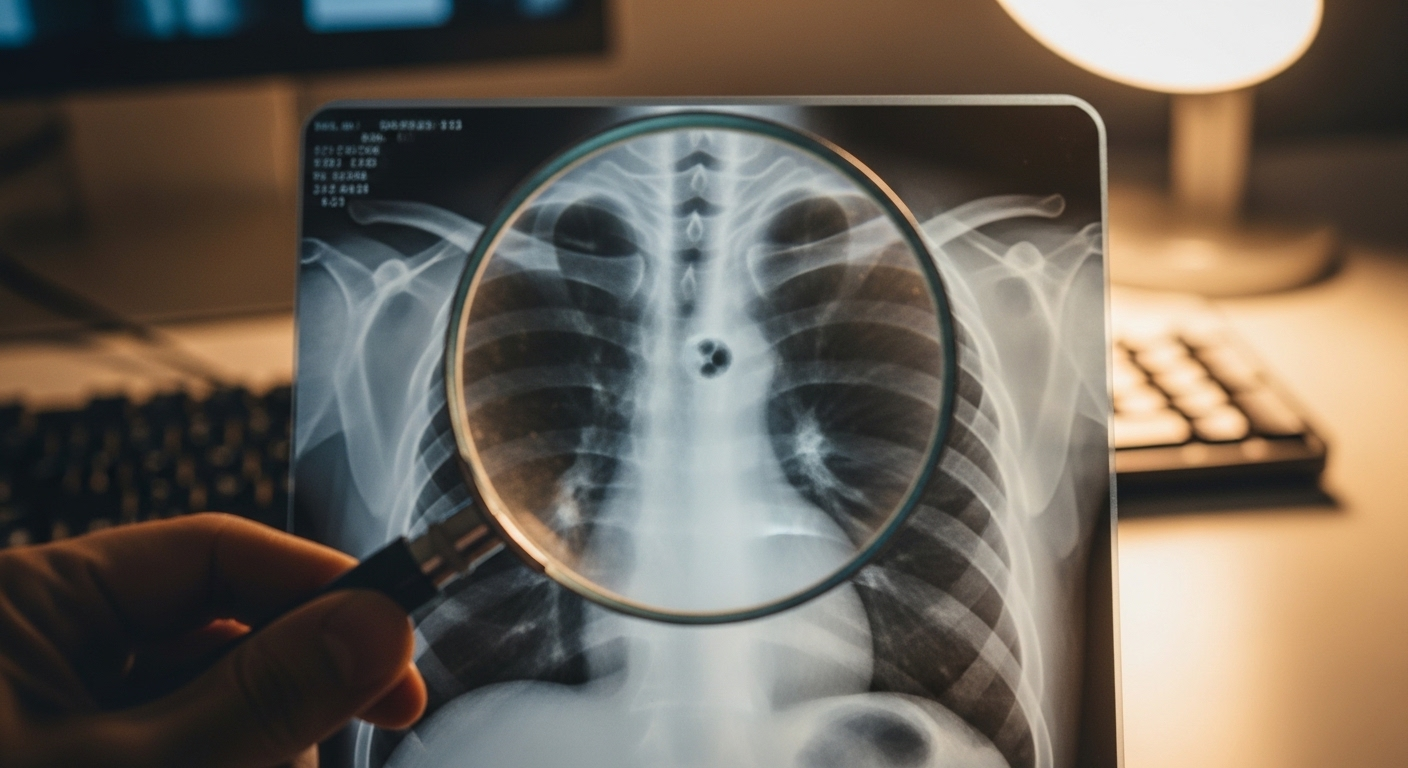 Kính lúp soi kỹ phim chụp X-quang phổi, tìm kiếm dấu hiệu bất thường để phát hiện sớm.