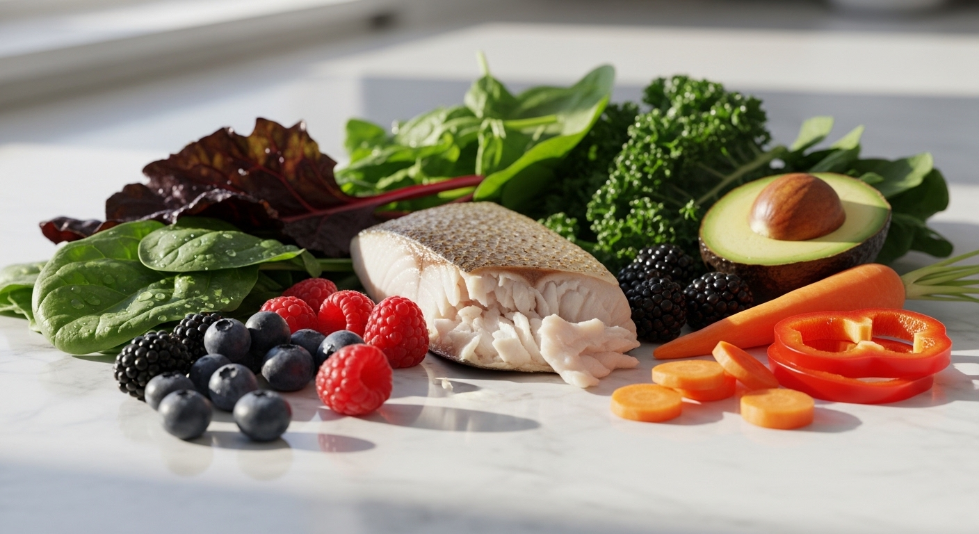 rau xanh đậm, quả mọng rực rỡ và cá hấp dẫn trên bàn bếp sáng, dưới ánh sáng tự nhiên. Giúp duy trì thị lực khỏe mạnh, ngăn ngừa tình trạng mắt nhìn thấy đốm đen.