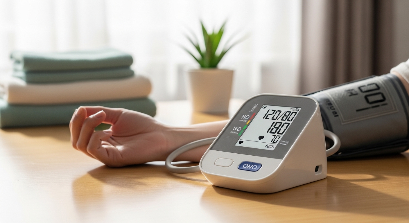 Máy đo huyết áp kỹ thuật số hiện đại với vòng bít trên cánh tay, hiển thị chỉ số rõ ràng, giúp người dùng dễ dàng theo dõi huyết áp và tim to ngay tại nhà.