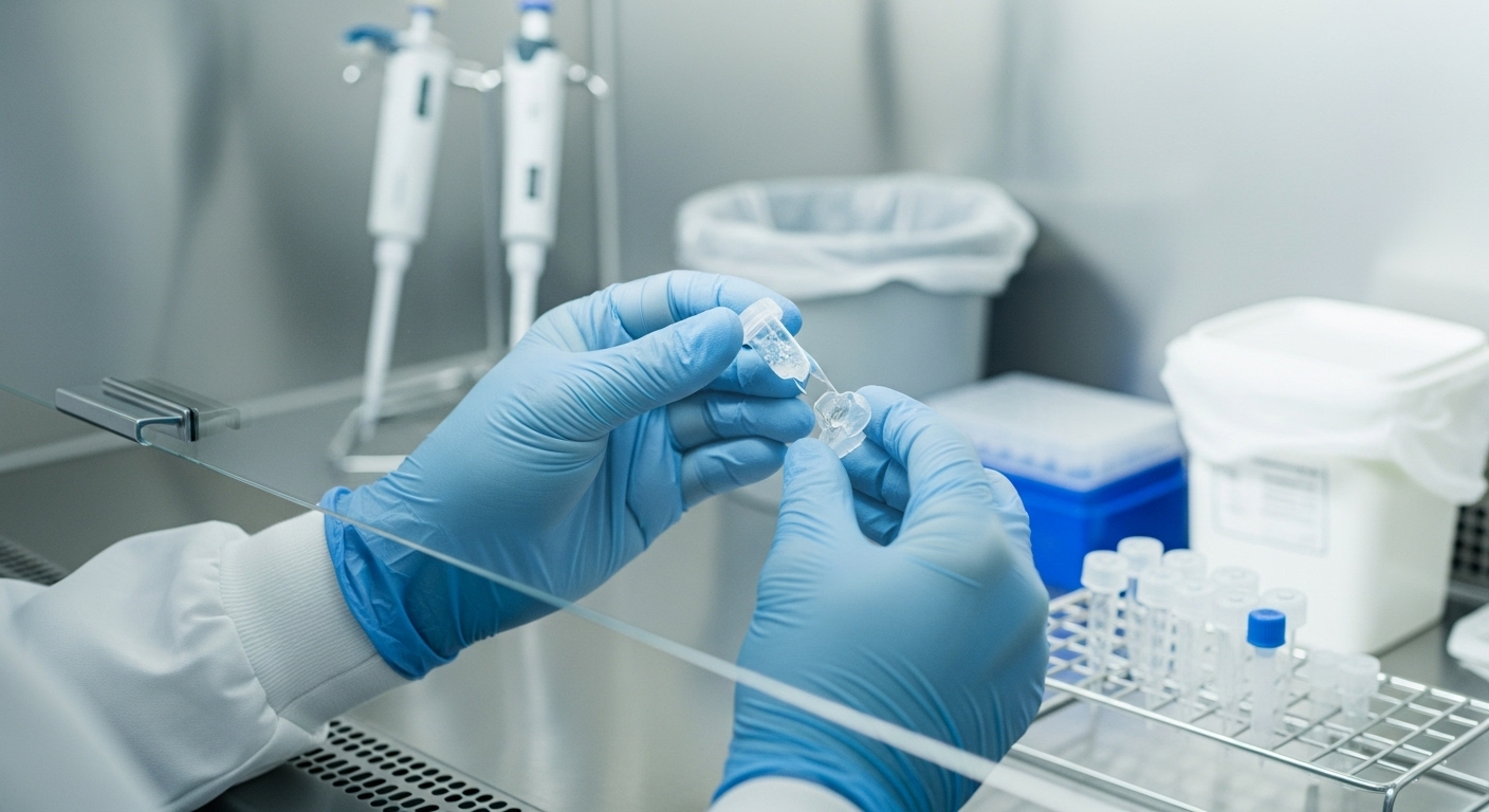 Tay mang găng y tế xanh đang cẩn thận thao tác với ống cryovial chứa mẫu trong tủ an toàn sinh học, minh họa quy trình vô trùng để trữ tế bào gốc con sơ sinh.