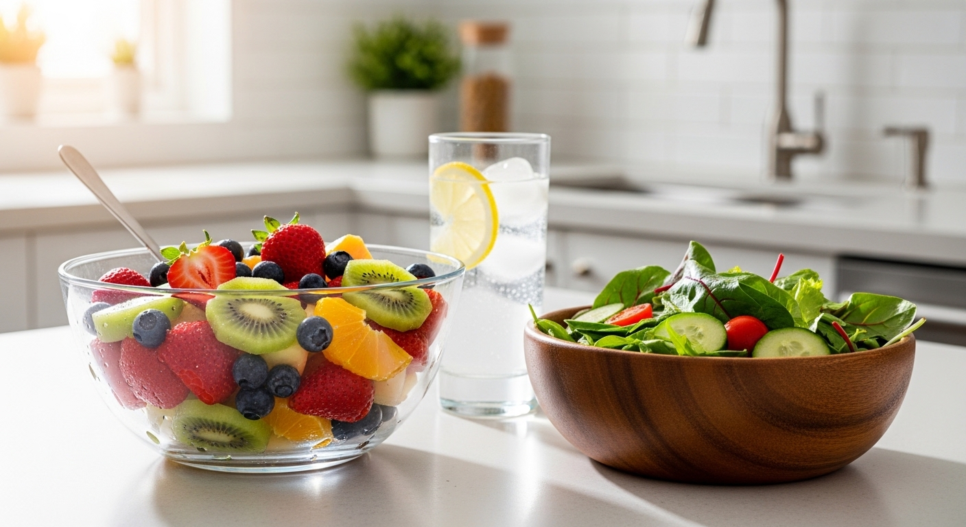 Bữa ăn lành mạnh tươi ngon (trái cây, salad xanh, nước lọc) trên bàn bếp, ánh sáng tự nhiên. Dinh dưỡng thiết yếu hỗ trợ phục hồi di chứng sau đột quỵ.