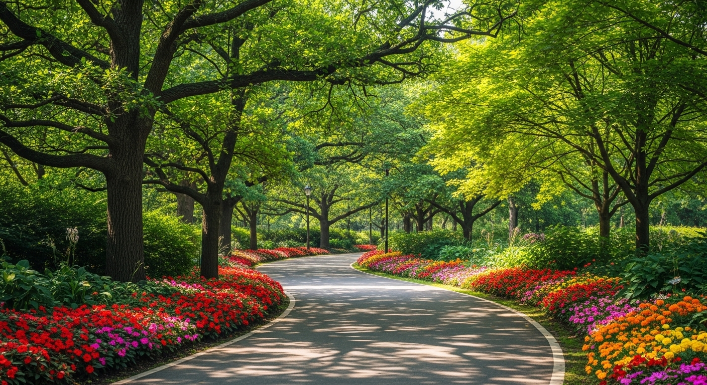 Con đường lát đá quanh co trong công viên xanh tươi dưới nắng, gợi nhắc về hành trình chăm sóc sức khỏe tổng thể. Việc tìm hiểu các yếu tố nguy cơ như Mãn kinh sớm có làm tăng nguy cơ ung thư vú là thiết yếu.