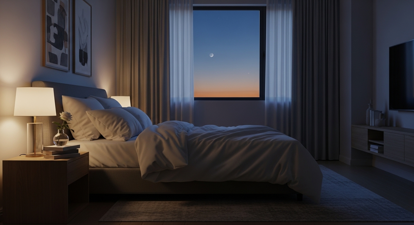 Phòng ngủ thanh bình với giường gọn gàng, ánh sáng dịu và hoàng hôn êm đềm. Một không gian lý tưởng để tạo điều kiện nghỉ ngơi, phục hồi sức khỏe toàn diện, bổ trợ cho chế độ ăn cho người bệnh gan hiệu quả.