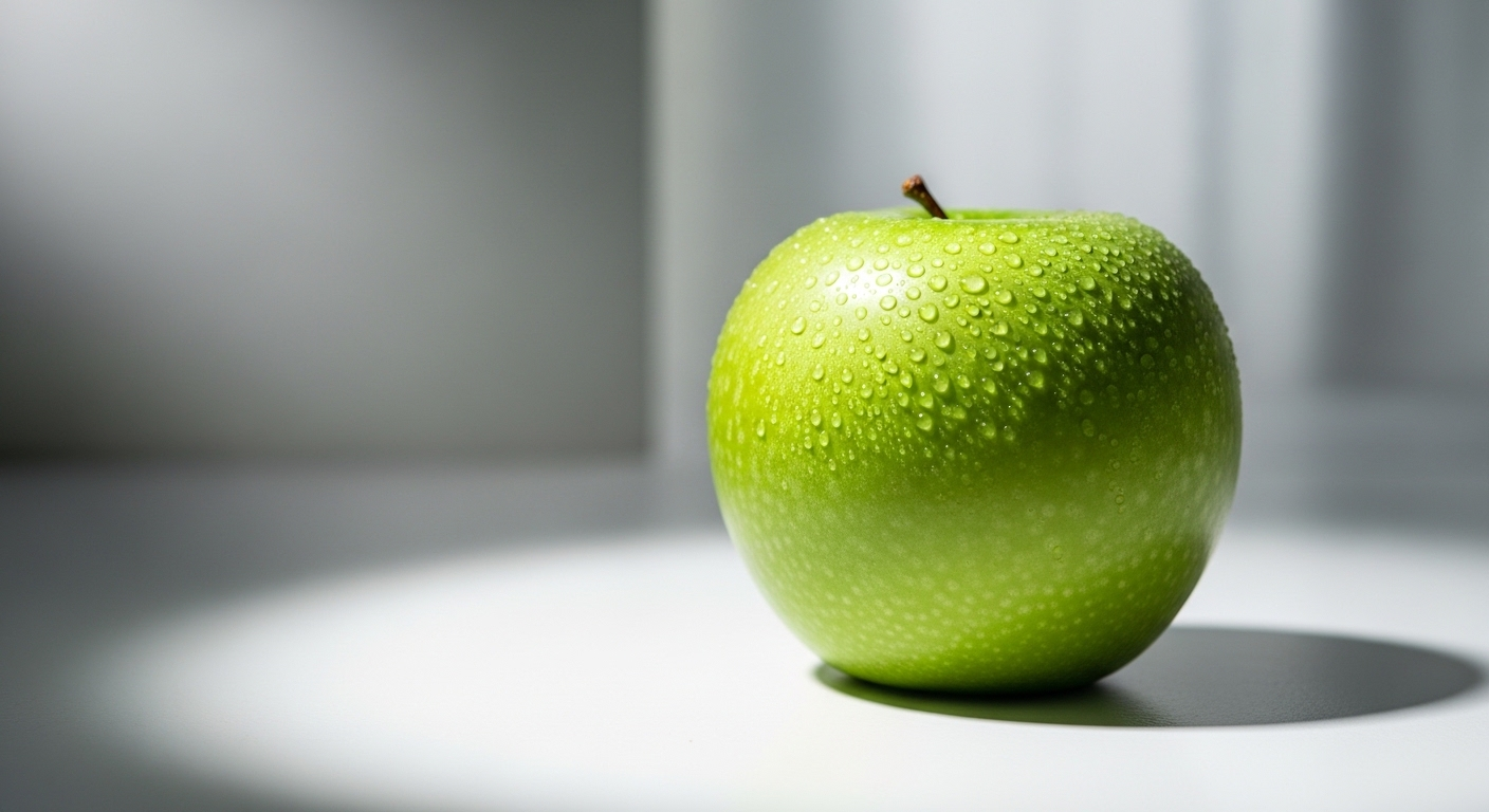 Một quả táo xanh tươi rói với giọt nước lấp lánh trên nền trắng, minh họa mẹo vặt sức khỏe đơn giản và hiệu quả.