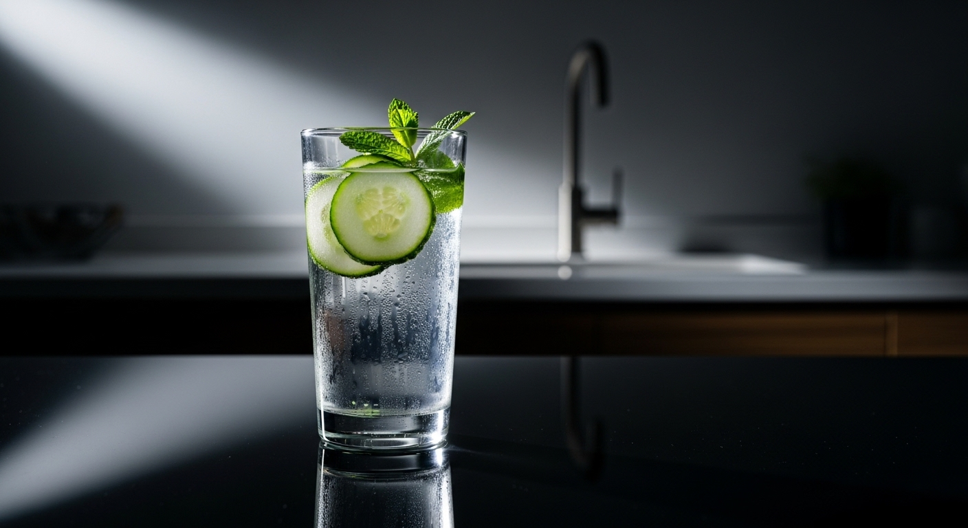 Ly nước tinh khiết cao, trong suốt với lát dưa chuột và lá bạc hà tươi, đặt trên bề mặt phản chiếu trong không gian bếp hiện đại. Giải khát lành mạnh, hỗ trợ hiệu quả việc giảm đồ ngọt.