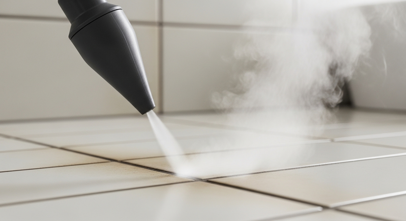 Máy phun hơi nước đang tẩy vết ố vàng trên ron gạch sáng màu, minh họa cách tẩy sàn nhà vệ sinh bị ố vàng hiệu quả bằng hơi nước nóng. Máy phun hơi nước đang tẩy vết ố vàng trên ron gạch sáng màu, minh họa cách tẩy sàn nhà vệ sinh bị ố vàng hiệu quả bằng hơi nước nóng.