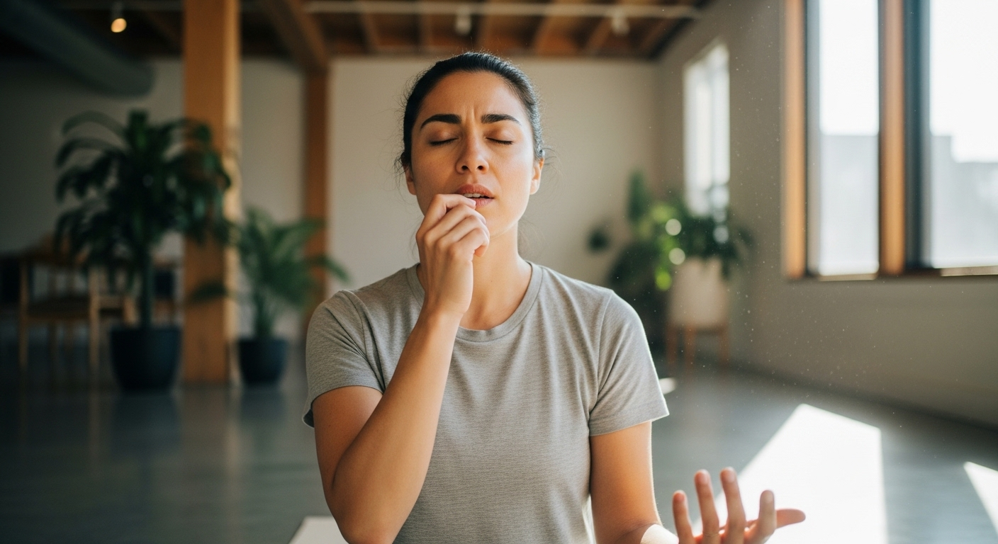 Một người đang hít thở sâu với biểu cảm bình tĩnh và tập trung trong không gian sáng sủa, là mẹo vặt sức khỏe giúp thư giãn và giảm căng thẳng hiệu quả.