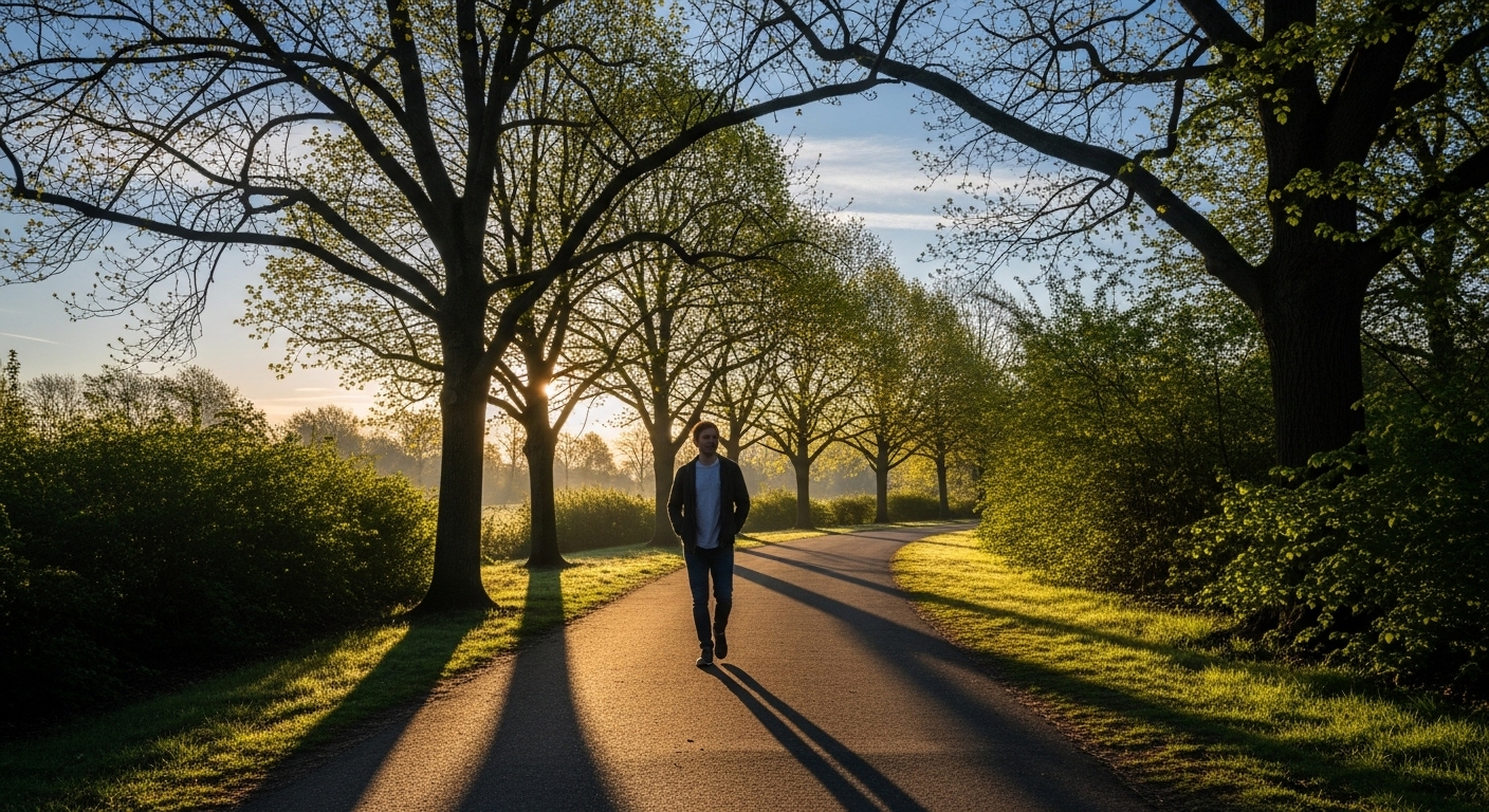 Người đi bộ thư thái trong công viên buổi sáng sớm, rèn luyện sức khỏe và Bảo vệ tim mạch mùa hè.