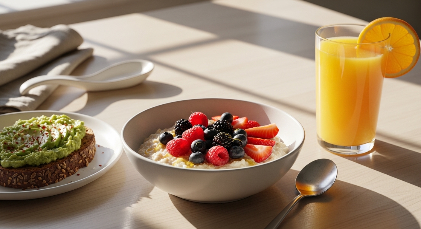 Bữa sáng dinh dưỡng với yến mạch quả mọng, bánh mì nguyên cám bơ và nước cam tươi trên bàn bếp ngập nắng, minh họa mẹo ăn uống lành mạnh cho ngày mới năng động.