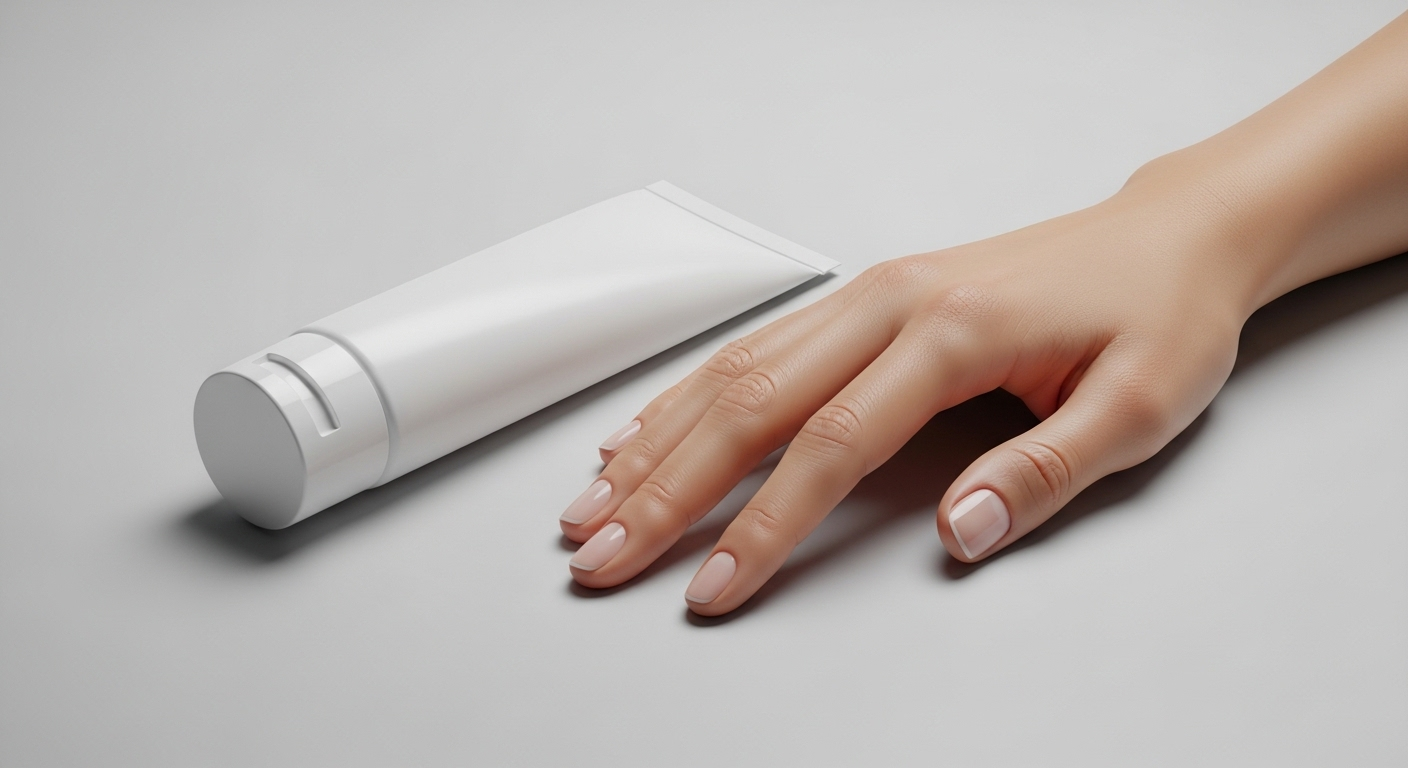 Ống kem đánh răng trắng và bàn tay với móng tay sạch sáng, gợi ý mẹo vặt cuộc sống cho vệ sinh cá nhân hiệu quả.