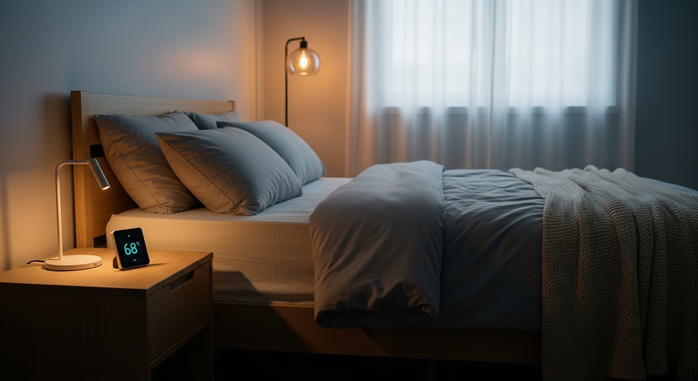 Phòng ngủ thanh bình, gọn gàng với giường tươm tất và nhiệt độ mát mẻ. Một mẹo vặt sức khỏe để có giấc ngủ ngon và sâu.