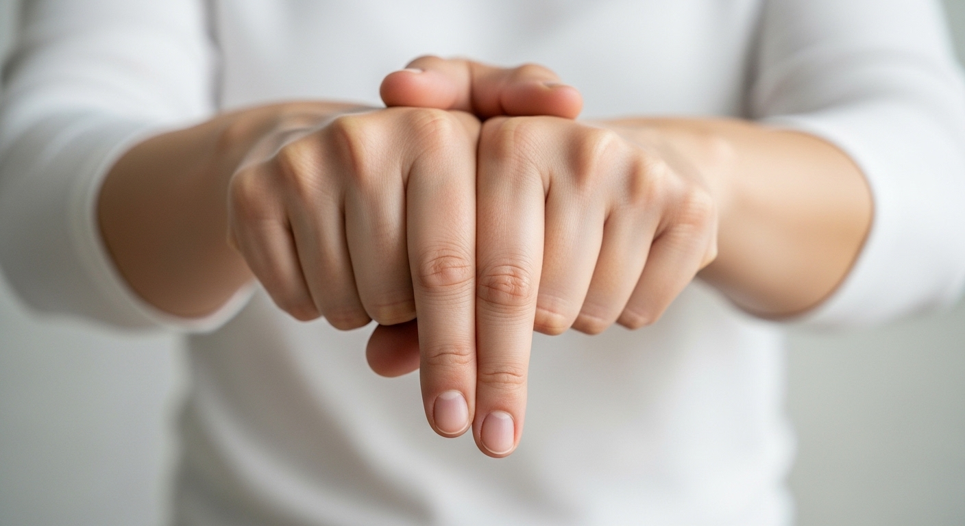 Cận cảnh hai bàn tay thực hiện nghiệm pháp Phalen để kiểm tra hội chứng ống cổ tay, một cách kiểm tra sức khỏe tại nhà dễ dàng.