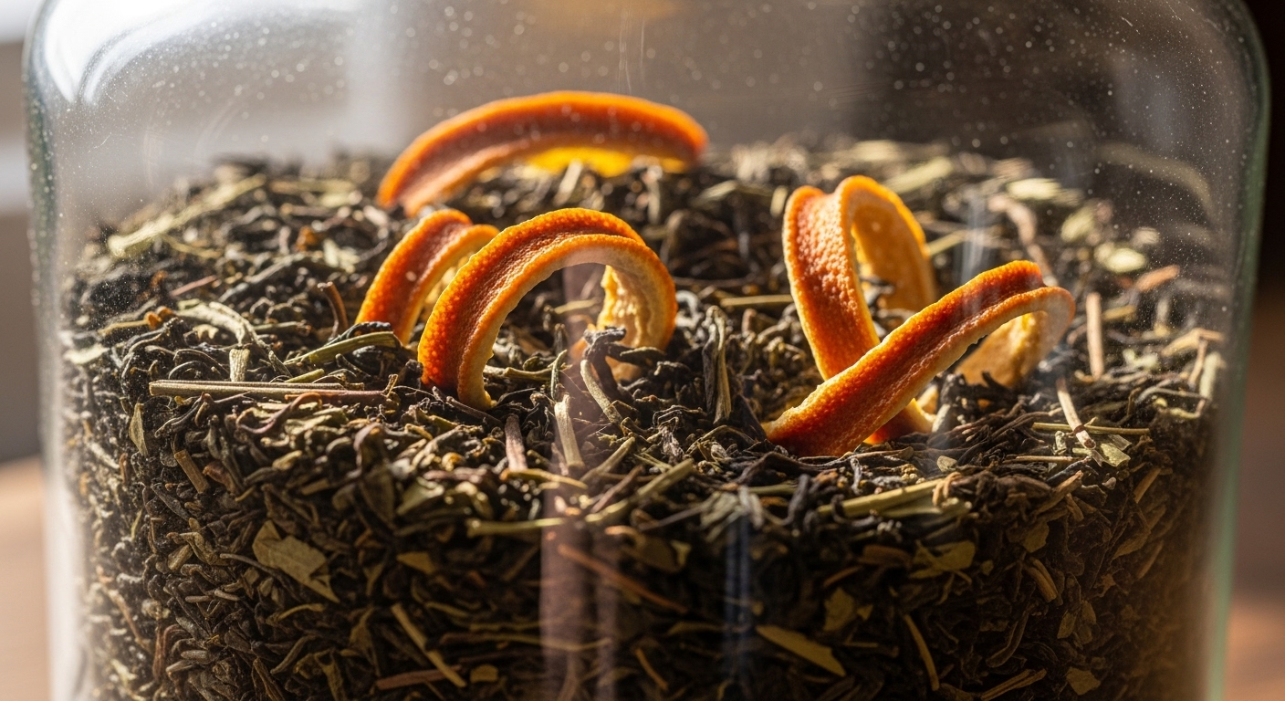 Hũ thủy tinh đựng trà khô và vỏ cam vàng óng dưới ánh sáng dịu nhẹ, gợi ý mẹo vặt cho người nội trợ tận dụng hương vị tự nhiên.
