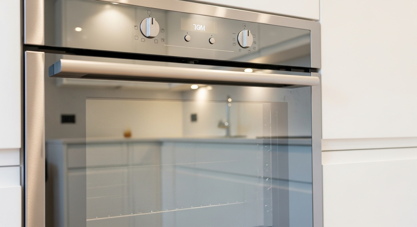 Cửa lò nướng inox sáng bóng, không tì vết, phản chiếu tủ bếp trắng hiện đại, minh chứng cho vệ sinh lò nướng hiệu quả.