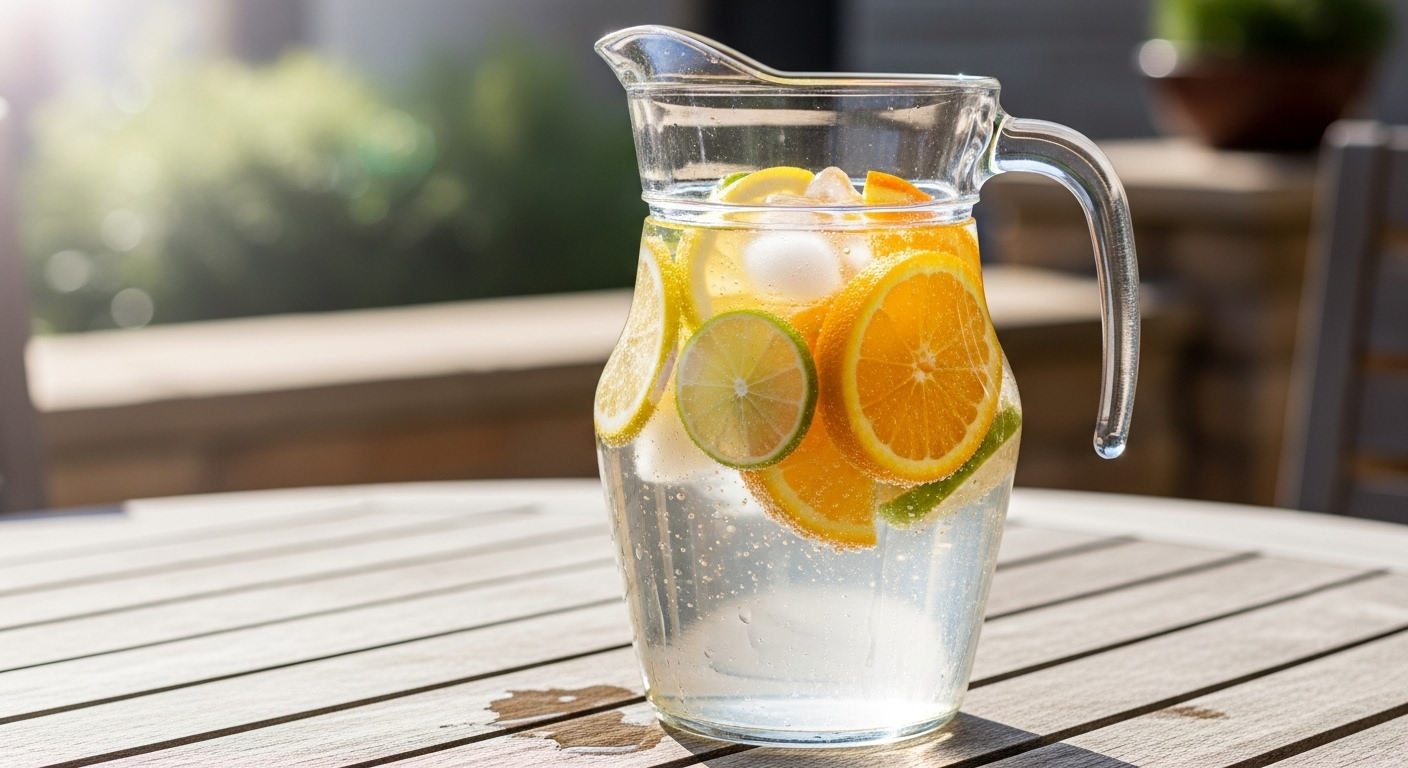 Bình thủy tinh đựng nước sủi bọt với các lát trái cây họ cam quýt tươi mát, đặt trên bàn sân hiên ngoài trời dưới ánh nắng mặt trời lấp lánh. Giải pháp hydrat hóa lý tưởng cho Sức khỏe tuổi 40.