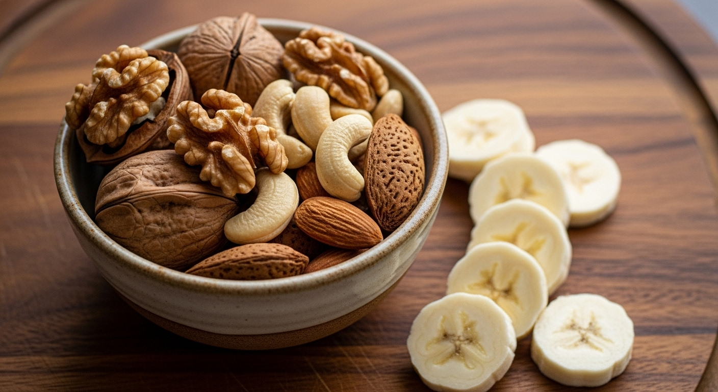 Hạt hạnh nhân, óc chó, hạt điều trong bát gốm và chuối tươi thái lát trên thớt gỗ – những thực phẩm bổ dưỡng cho Mẹo tăng năng lượng hiệu quả. Hạt hạnh nhân, óc chó, hạt điều trong bát gốm và chuối tươi thái lát trên thớt gỗ – những thực phẩm bổ dưỡng cho Mẹo tăng năng lượng hiệu quả.